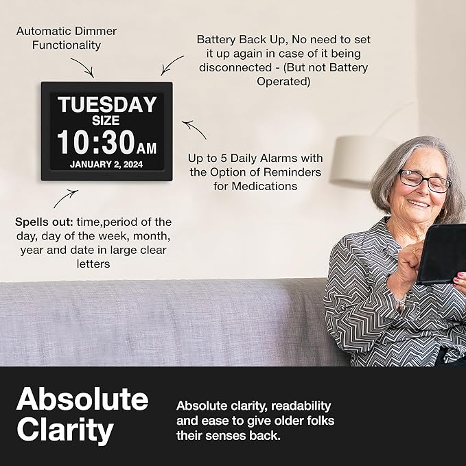 American Lifetime Dementia Clock - Large Digital Clock for Seniors, Custom Alarms, Day & Date Display, White, 15 Inches