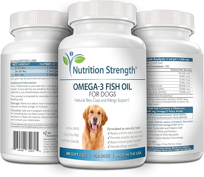Omega 3 Fish Oil Soft Gels for Dogs with EPA & DHA Fatty Acids for Heart, Skin, Coat & Allergy Support, Hip & Joint & Arthritis Dog Supplement, 180 Soft Gels