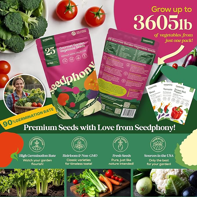 25 Gourmet Garden Vegetable Seeds Variety Pack - 14,965+ Non-GMO Heirloom Vegetables Seeds for Planting Indoor&Outdoor Home Garden Seeds - Gardening Seed Packets for Planting Vegetable Seeds