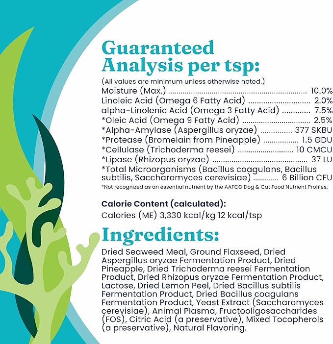 Solid Gold SeaMeal Cat Probiotic & Dog Probiotics for Digestive Health - Kelp Powder Dog & Cat Multivitamin Supplement w/Prebiotics & Digestive Enzymes for Skin, Coat, & Gut + Immune Support - 3.5oz