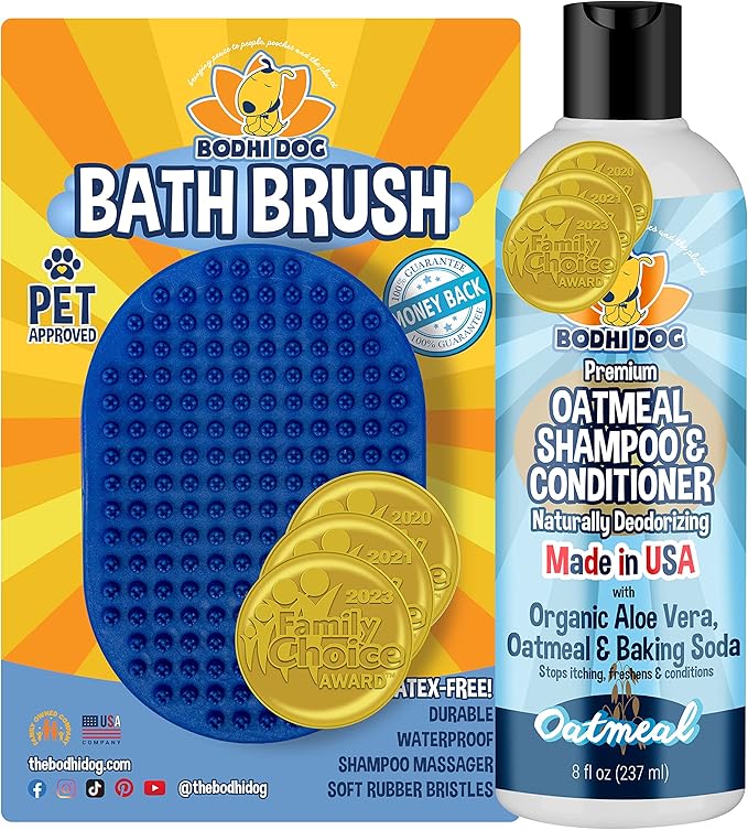 Bodhi Dog Shampoo Brush & Oatmeal Shampoo and Conditioner Bundle - Grooming Essentials for Pets, Short Hair Scrubber, Soothes and Moisturizes Dry, Itchy Skin - Hydrates & Nourishes