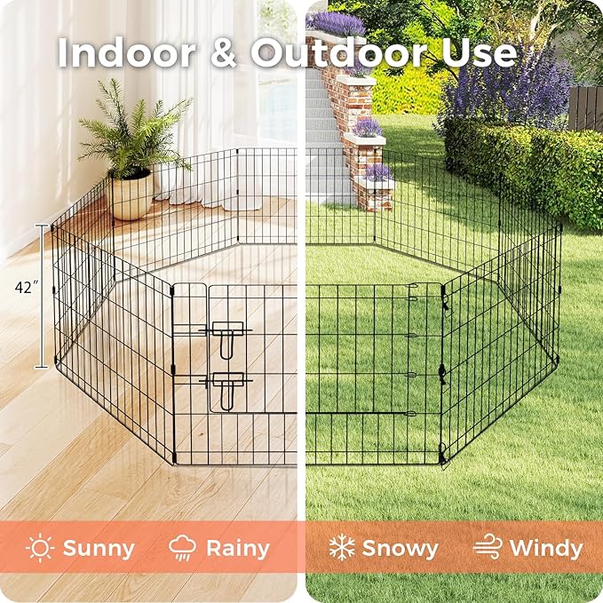 Foldable Dog Playpen 42" Height 8 Panels Metal Exercise Pen with Door - Indoor/Outdoor Dog Play Pen for Medium-Large Dogs, Portable Pet Fence for Yard Garden Camping, Black