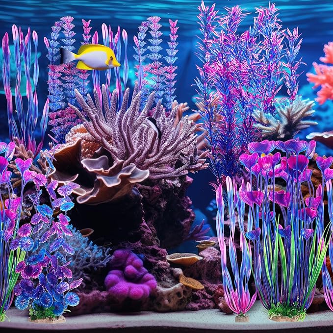 10 Pcs Large Aquarium Artificial Plants Decorations, Tall Plastic Fish Tank Plant Decorations for Household and Office Aquarium(Purple)
